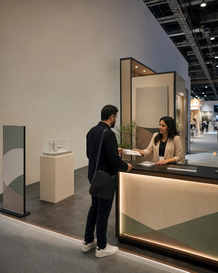 Exhibition concept showing a presentation counter, information display and a visitor conversation.