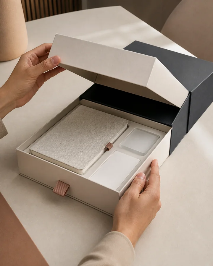 Packaging concept showing a fitted ivory presentation box, fabric notebook and charcoal sleeve.