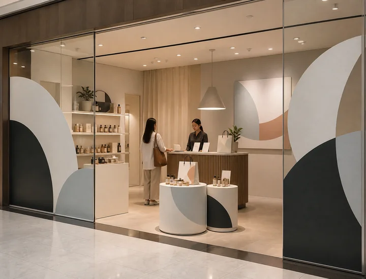 Retail campaign concept with a coordinated window display and in-store brand surfaces.