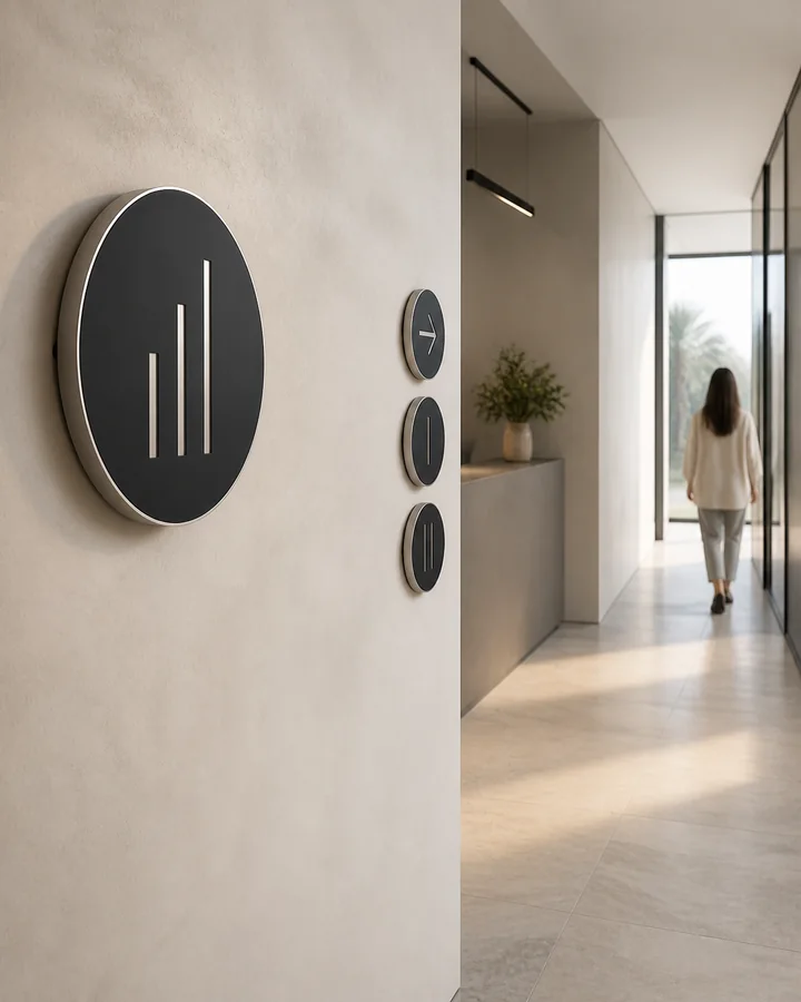 Signage concept showing coordinated charcoal room markers and directional signs in an ivory corridor.