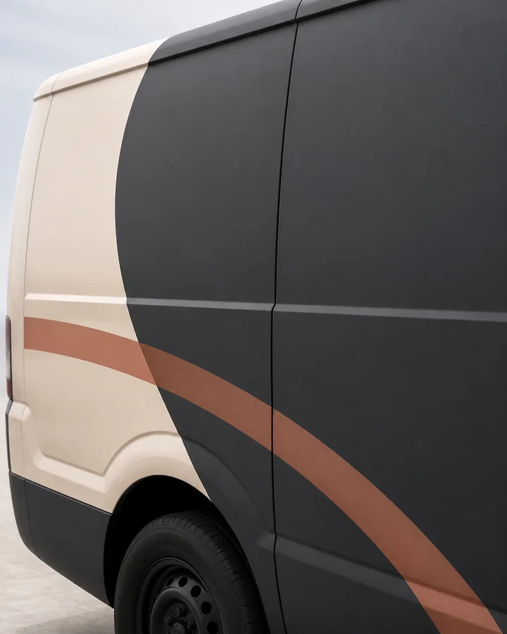 Vehicle branding concept showing a restrained geometric wrap and clean application details.